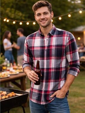 NWT Angelo Litrico Slim Fit Plaid Button Down Shirt  Preppy Red Wht Blue Cotton